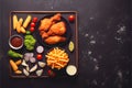 Tasty looking Fried chicken food meal with fries salad and dips chips