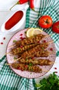 Tasty lula kebab on the plate on a white wooden table. Chopped meat on wooden skewers, grilled. Eastern cuisine. Royalty Free Stock Photo