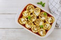 Tasty lunch italian pasta in baking tray