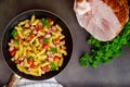 Tasty macaroni with vegetables and cut ham Royalty Free Stock Photo