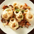 Tasty manti or mantu pasta served with mushrooms