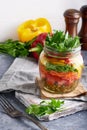 Tasty mason salad in jar. Homemade and healthy food Royalty Free Stock Photo