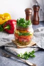 Tasty mason salad in jar. Homemade and healthy food Royalty Free Stock Photo