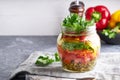 Tasty mason salad in jar. Homemade and healthy food Royalty Free Stock Photo