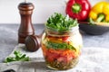 Tasty mason salad in jar. Homemade and healthy food Royalty Free Stock Photo