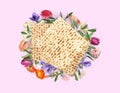 Tasty matzos and flowers on pink background, flat lay. Passover Pesach celebration Royalty Free Stock Photo