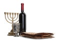 Tasty matzos, wine and menorah on white background. Passover Pesach celebration Royalty Free Stock Photo