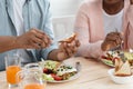 Tasty Meal. Closeup Shot Of Unrecognizable Black Man And Woman Eating Breakfast Royalty Free Stock Photo