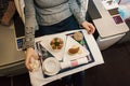 Tasty meal served on board of airplane on the table. Royalty Free Stock Photo