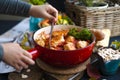 Tasty meat balls from beef and pork in tomato sauce, Autumn meal at home. Copy space Royalty Free Stock Photo