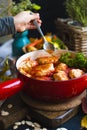 Tasty meat balls from beef and pork in tomato sauce, Autumn meal at home. Copy space Royalty Free Stock Photo