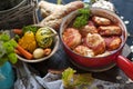 Tasty meat balls from beef and pork in tomato sauce, Autumn meal at home. Copy space Royalty Free Stock Photo