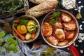 Tasty meat balls from beef and pork in tomato sauce, Autumn meal at home. Copy space Royalty Free Stock Photo