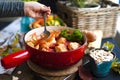 Tasty meat balls from beef and pork in tomato sauce, Autumn meal at home. Copy space Royalty Free Stock Photo