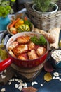 Tasty meat balls from beef and pork in tomato sauce, Autumn meal at home. Copy space Royalty Free Stock Photo