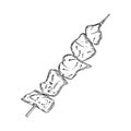 Tasty meat pieces on skewer isolated on whie background. Vector sketch hand drawn illustration in doodle outline style. Concept of Royalty Free Stock Photo