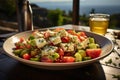 Tasty Mediterranean dish, Greek salad featuring feta cheese, laid on table