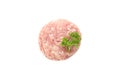 Tasty minced meat and curly parsley isolated on background