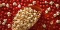blue bucket cinema background video popcorn box red corn food film. Generative AI. Royalty Free Stock Photo
