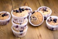 Tasty Muffin Cupcakes with Blueberries on a Wooden Background Pile of Homemade Muffins Horizontal Royalty Free Stock Photo