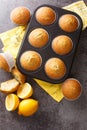 Tasty muffins with poppy seeds and lemon close-up in a metal muffin pan. vertical top view Royalty Free Stock Photo