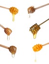 Tasty natural honey dripping from dippers on white background, collage