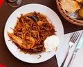 Tasty noodles with prawns and mussels with sauce