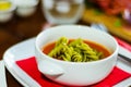 Tasty and nutritious tomato soup with fresh pasta, dietary meal Royalty Free Stock Photo