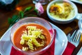 Tasty and nutritious tomato soup with fresh pasta, dietary meal Royalty Free Stock Photo