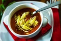Tasty and nutritious tomato soup with fresh pasta, dietary meal Royalty Free Stock Photo