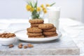 Tasty oatmeal almond cookies with jar of milk on the old marble table beautiful close-up picture light white background Royalty Free Stock Photo