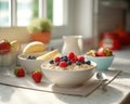 Tasty oatmeal with fruits in bowl on table, AI generated