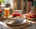 Tasty oatmeal with fruits in bowl on table, AI generated