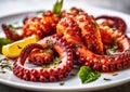 Tasty octopus on plate with basil and lemon on fine dining restaurant table.Macro.AI Generative