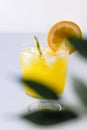 Tasty Orange Juice in Glass With Ice Cube Blue and White Background Fresh Oranges Vertical Royalty Free Stock Photo