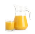 Tasty orange juice in glass and jug isolated on white Royalty Free Stock Photo