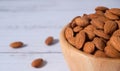 Tasty organic peeled almond snack in wooden bowl on white wooden background with copy space.Close up heap almonds shelled nut .