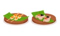 Tasty Oriental Snacks with Sushi Served on Green Leaf Vector Set