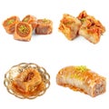 Tasty oriental sweets collage isolated on white