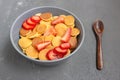 Tasty pancake breakfast with strawberries in a gray bowl Royalty Free Stock Photo