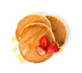 Tasty pancakes with maple syrup and fresh berries on white background Royalty Free Stock Photo