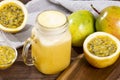 Tasty Passion Fruit Juice Photo On Wooden Background