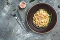 Tasty pasta with shrimps, Italian pasta fettuccine with grilled shrimps, bechamel sauce and thyme, banner, menu recipe place for Royalty Free Stock Photo