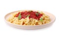 Tasty pasta with tomato sauce and basil isolated