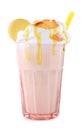Tasty peach milk shake in glass on background