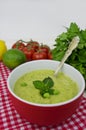 Tasty peas soup and vegetables on table close up