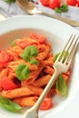 Tasty penne pasta in tomato sauce with fresh basil Royalty Free Stock Photo