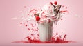 Tasty peppermint bark milkshake topped with cream, with splashes. Christmas drink concept