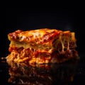 Tasty piece of appetizing lasagna on the glossy surface. Traditional Italian homemade cuisine at black backdrop. Close up.