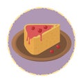 Tasty piece of cake with berry syrup and cherries on a plate. Isolated isometric drawing in a flat style. Vector